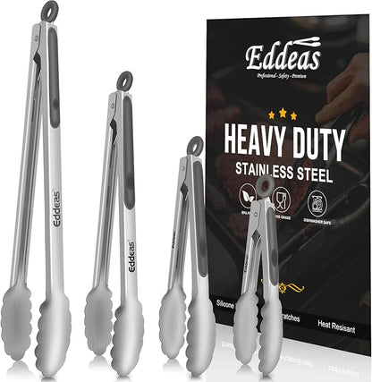 Tongs For Cooking - Heat Resistant 600 Degrees Metal Kitchen Tongs, Heavy Duty Stainless Steel Tongs - Perfect for Food, BBQ Set of 4, 7-9-12 &amp;14 inch Grey