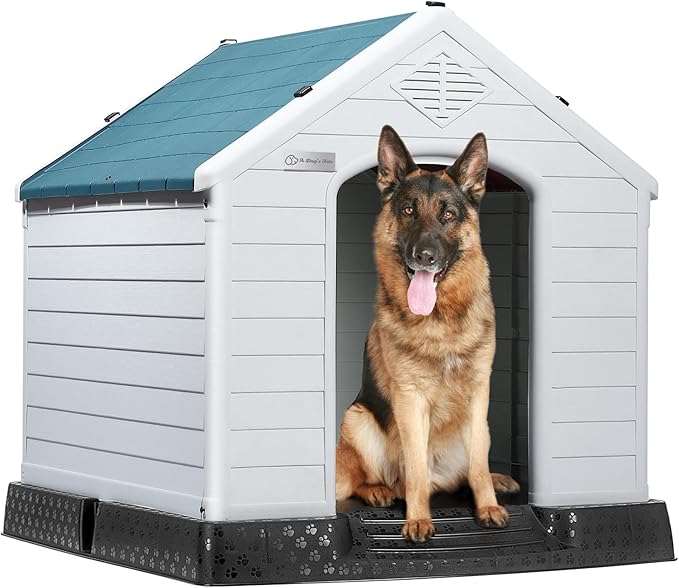 LEMBERI Durable Waterproof Plastic Dog House for Small to Large Sized Dogs, Indoor Outdoor Doghouse Insulated Puppy Shelter with Elevated Floor, Easy to Assemble (Blue, 34&