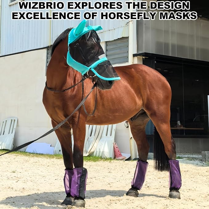 Luminous Horse Fly Mask with Long Nose, Ears, Full Face &amp; Eye Protection - Full Mesh, Detachable Nose Cover, Fleece Padded Edging, Hook-and-Loop Straps with Webbing, Hanging Straps Mint Green