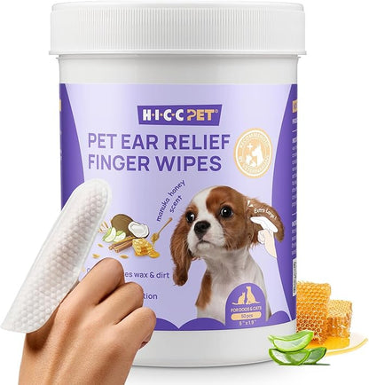 HICC PET Dog Ear Wipes Finger 50 Count Dog Ear Cleaner Wipes for Dogs &amp; Cats, Dog Ear Infection Treatment to Relieve Ear Itching &amp; Inflammation, Remove Ear Wax, Dirt, Smelly - Honey Scent
