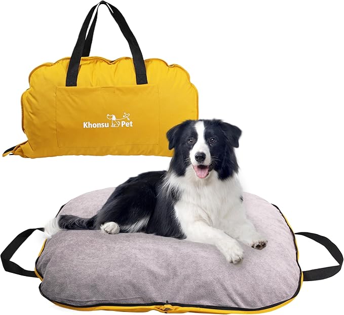 Portable Waterproof Dog Mat for Camping, Patio &amp; Travel - Foldable Outdoor Dog Bed with Teflon Shell &amp; Removable Plush Pad - Easy Clean, Durable - L (Lemon Yellow)
