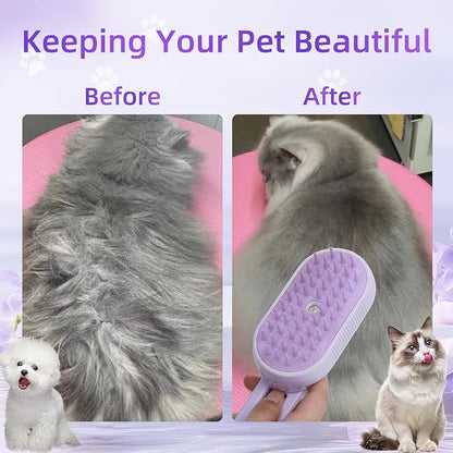 4-in-1 Rechargeable Anti-Dandruff Pet Steam Brush — brush for sheddingCats &amp; Dogs,pet hair removal tool. Integrating functions of massage,clean, hair grooming and anti-static (purple)