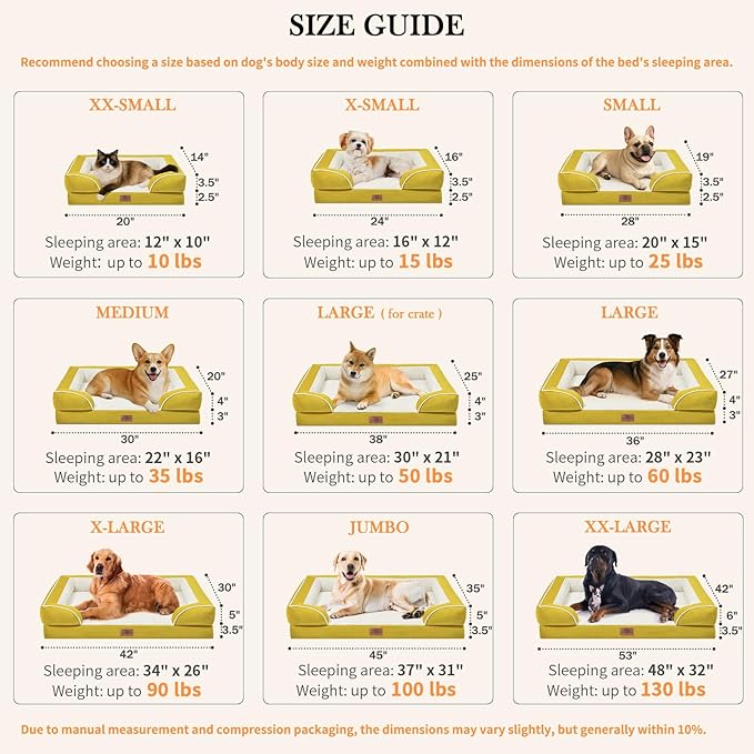 Comfort Expression Orthopedic XL Dog Beds, Waterproof Extra Large Dog Bed with Bolster, Washable Dogs Bed Sofa with Removable Cover &amp; Non-Slip Bottom(X-Large,Spicy Mustard)