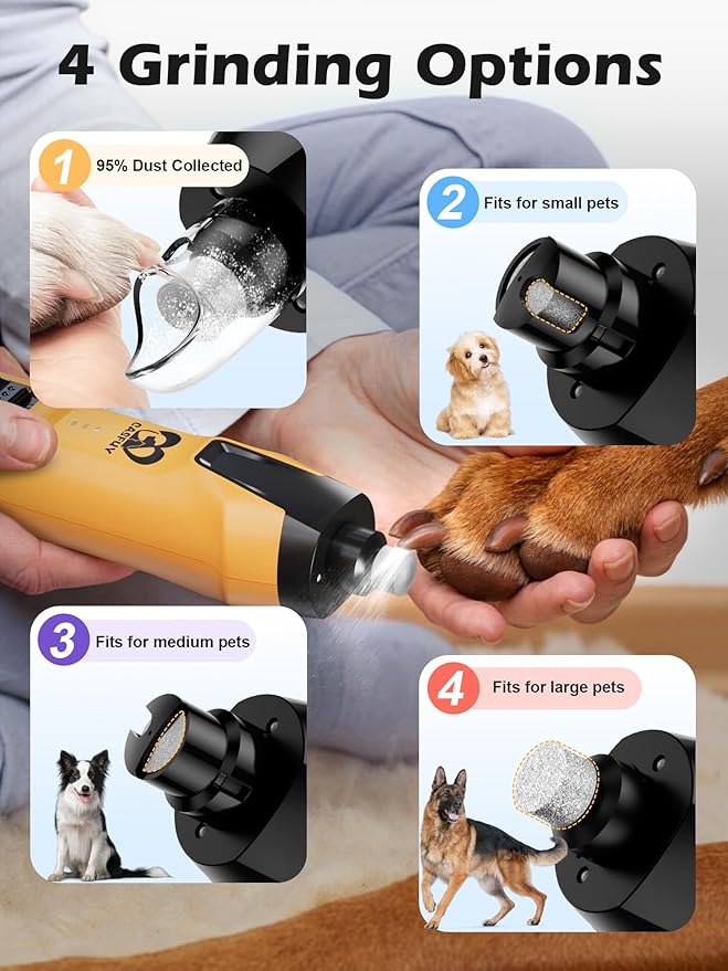 Casfuy 6-Speed Dog Nail Grinder – 50%+ Boost Power Dog Nail Trimmers Quiet with Dust Cap &amp; 2 LED Lights &amp; 2000mAh Battery &amp; 4.8V Motor Electric Pet Toenail File Tool for Large Medium Small Dogs Cats