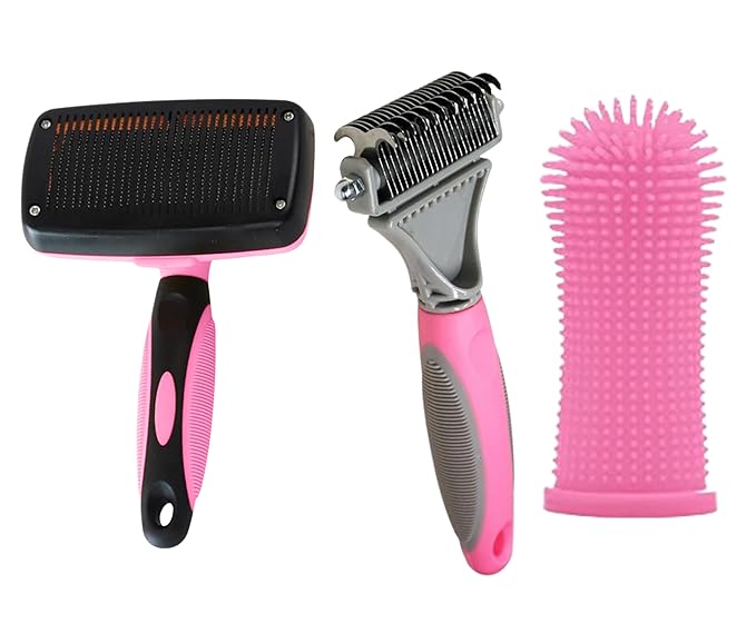 3-in 1 Dog &amp; Cat Grooming Supplies- Self-cleaning Slicker Brush, Deshedding Rake Comb, And Finger Toothbrush For Dogs &amp; Cats | Perfect For Pet Grooming Kit, Dematting And Dental Tool (pink)