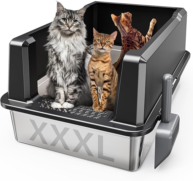 Tripamin XXL Stainless Steel Litter Box with High Sides 26"x18"x12" Extra Large Metal Litter Box for Big Cats &amp; Multiple cat, Jumbo Top Entry Litter Pan with lid (Black, XX-Large)