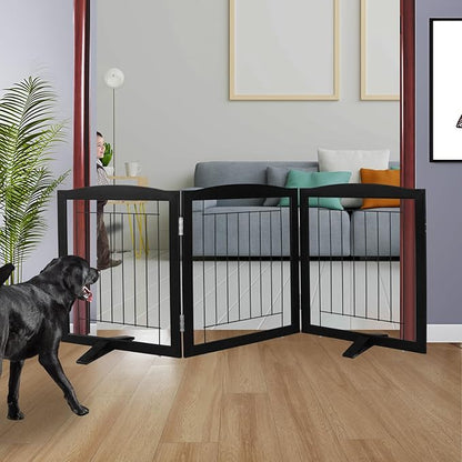 ZJSF Freestanding Dog Fence Indoor, Foldable Dog Gate for Doorways, Stairs or Hallways, Sturdy Wood Extra Wide Pet Gate with Support Feet for The House, Black, 24 "Height-3 Panels