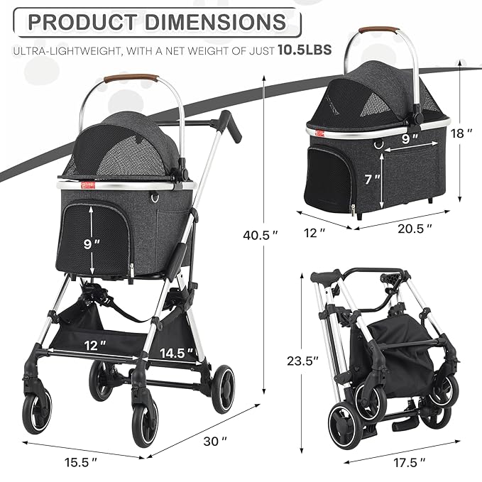 MoNiBloom Pet Stroller for Small/Medium Dogs w/Detachable Carrier &amp; Lightweight Aluminum Frame, Folding Jogging Travel Stroller, Dark Gray