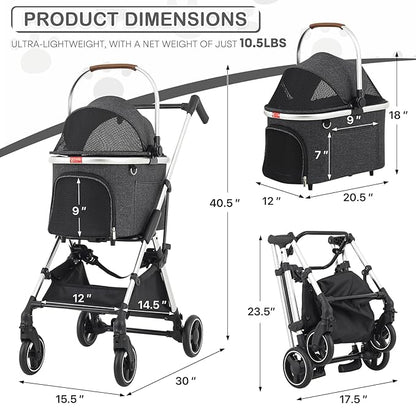 MoNiBloom Pet Stroller for Small/Medium Dogs w/Detachable Carrier &amp; Lightweight Aluminum Frame, Folding Jogging Travel Stroller, Dark Gray