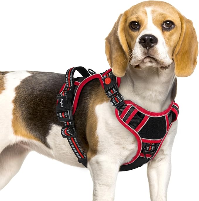 Eagloo Dog Harness Small Sized, Easy Wearing with 3 Buckles, Adjustable No Pull Pet Harness with 2 Rings for Walking, No Chock Reflective Soft Padded Vest with Control Handle, Black &amp; Red, S