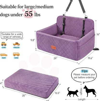 Dog Car Seat for Medium/Large Dogs, Pet Booster Seat for Under 55 lbs or 2 Small Dogs, Detachable &amp; Washable Dog Car Bed for Backseat with 2 Safety Leashes (Purple)