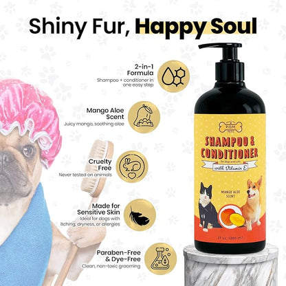 POM Pets 2-in-1 Organic Dog Shampoo &amp; Conditioner – Itchy Skin Relief, Dog Deshedding, Detangles Fur, Cat Shampoo, Paw Cleaner for Dogs, Natural Coat Defense Formula