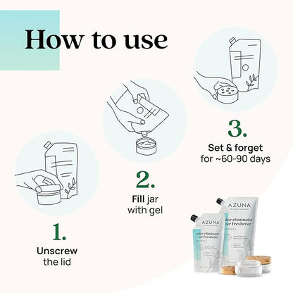 Azuna Air Freshener &amp; Odor Eliminator for Strong Odor | 2 Room Kit Includes (2) 8 oz. Empty Luxe Glass Jars &amp; 12 oz | Refill with Tea Tree Essential Oil Gel | Amalfi Breeze | Last 60-90 Days