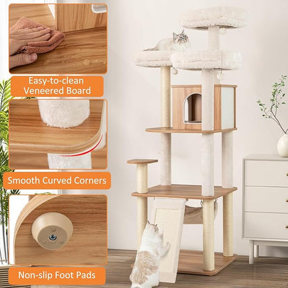 PETSITE 68 Inch Modern Tall Cat Tree for Indoor Cats, Multi-Level Wooden Cat Tree Tower with Sisal Scratching Posts, 3 Top Perches, Cat Condo, Comfy Hammock, Sisal Ramp, and Jingling Balls
