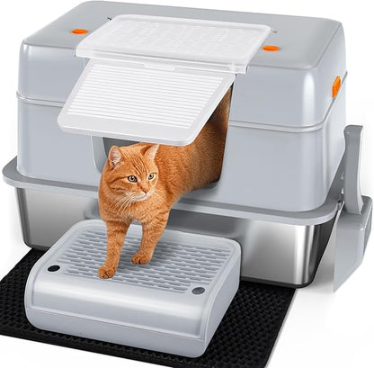 Vivifying Stainless Steel Litter Box with Lid, XL Side Entry Extra Large Litter Box for Big Cats &amp; Kitty, Removable Enclosed Metal Cat Pan with High Sided Enclosure, Scoop, Mat, Footboard (Gray)