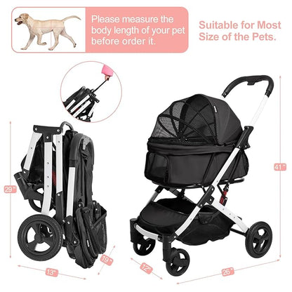 Pet Stroller for Medium Small Dog &amp; Cat, Foldable Lightweight Dog Stroller with Storage Basket Pet Travel Carriage with Safety Leashes, 4 Wheel, Black