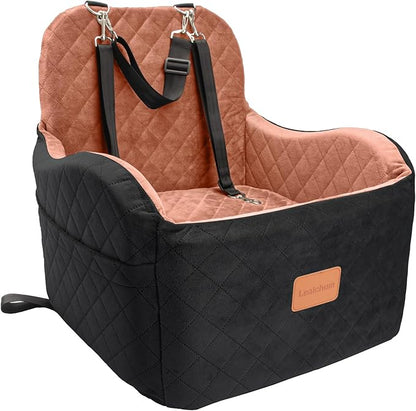 Dog Booster Car Seat for S/M Dogs Up to 35lbs,Soft 6in Elevated Cushion,Fits in Front/Back Seat,Fully Detachable and Washable,2 Storage Pockets &amp; 3 Straps,Easy to Install (Black/Brown,Medium)