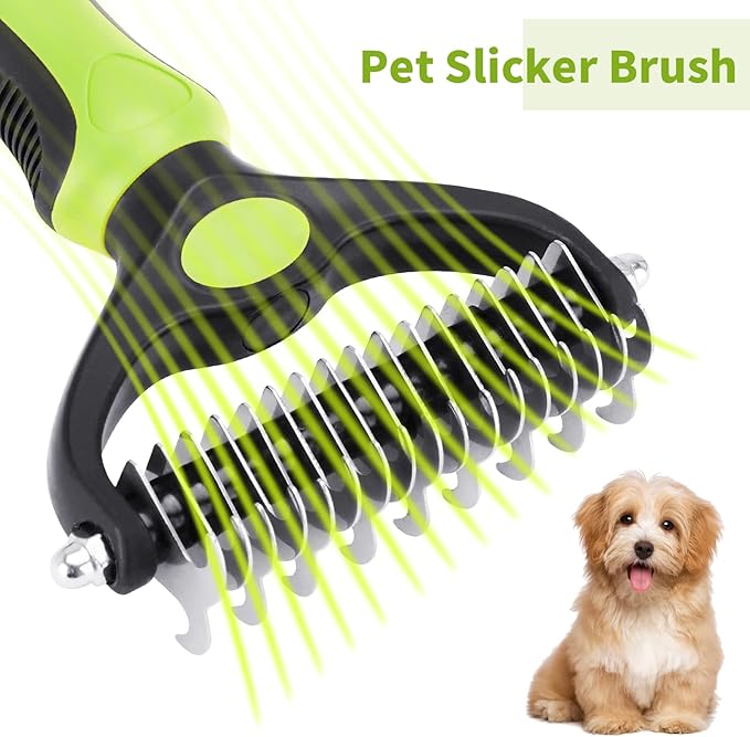 Pet Grooming Tool - 2 Sided Undercoat Rake for Cats and Dogs - Safe Dematting Comb for Easy Mats &amp; Tangles Removing - No More Nasty Shedding and Flying Hair