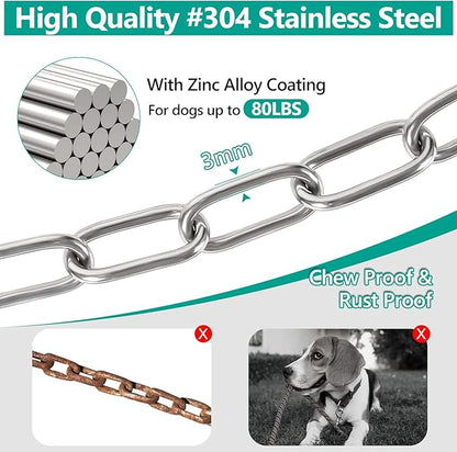 Tresbro Heavy Duty Dog Chains for Outside, 40FT Stainless Steel Tie Out Cable with Swivel Hook for Small Medium Dogs, Metal Chew Proof Pet Runner Chain Leash Lead for Outdoor Camping Hiking Yard, 3MM