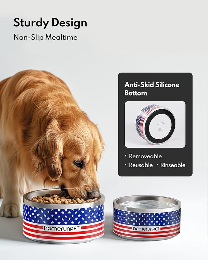 Homerunpet Double Wall Stainless Steel Dog Bowls, Non-Slip Base, Dishwasher Safe, Durable Pet Food &amp; Water Bowl for Dogs &amp; Cats(32oz, American Flag)