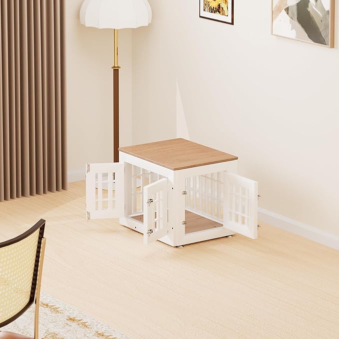 26" Heavy Duty Dog Crate Furniture for Small,Medium and Large Dogs,Rustic Wooden Dog Cage Kennel Indoor Furniture with Waterproof Top,Decorative Pet House Side End Table (White &amp; Wood)