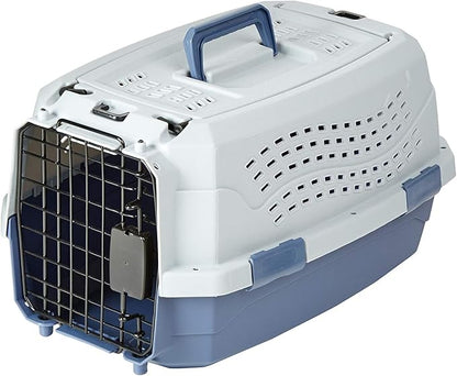 Amazon Basics 2-Door Top-Load Hard-Sided Cat Pet Travel Carrier, 19.0" L x 12.6" W x 10.0" H, Gray &amp; Blue