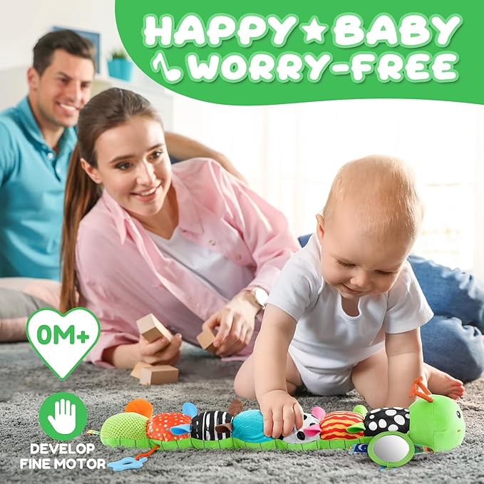 Baby Toys 0-6-12 Months,Musical Caterpillar Stuffed Animals Activity Infant Toys with Crinkle,Rattles,Mirror&amp;Pull String,Muti-Sensory Toys Gifts for Newborn Tummy Time,Kelly Green|Leafy