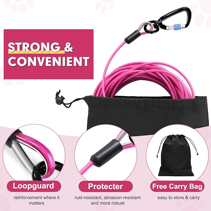 Snagle Paw Heavy Duty Long Leads for Yard 200FT-1000LBS Break Strength, Tie Out Cable With Swivel Lockable Hook &amp; Spring, Chew Proof Chain for Outside, Run Cable for Medium Large Dogs