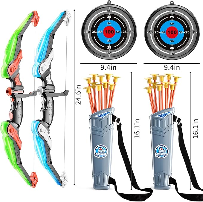 TEMI Bow and Arrow Set for Kids - Archery Toy Set - LED Light Up with Suction Cup Arrows, Target &amp; Quiver, Indoor and Outdoor Toys for Children Boys Girls