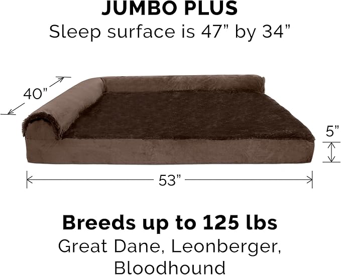 Furhaven Cooling Gel Dog Bed for Large Dogs w/ Removable Bolsters &amp; Washable Cover, For Dogs Up to 125 lbs - Plush &amp; Velvet L Shaped Chaise - Sable Brown, Jumbo Plus/XXL