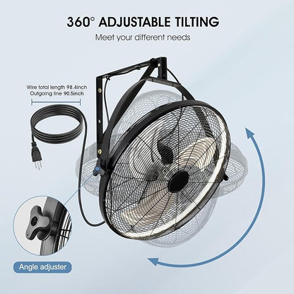 16 inch Wall Mount Fan with Lights and Remote,6-Speed Gazebo Ceiling Fan Adjustable Tilt Dimmable Wall Fan,High Velocity Industrial Outdoor Fans for Patio,Garage,Commercial,Black