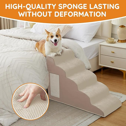 Pet Stairs for Small Dogs - 3-Step Curved Dog Ramp for Bed, Couch, Sofa, Car and Chairs - Non-Slip Bottom Design - Cat Scratching Board - High Density Foam Portable Pet Step - Beige