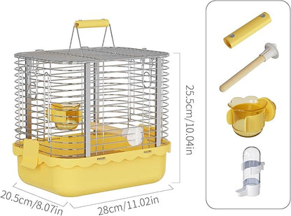 Bird Carrier Travel Cage, Durable Portable Stainless Steel Birdcage with Bird Perch &amp; Feeding Bowl for Parrots Canaries Budgies Lovebirds Conures Cockatiels (Small Yellow)