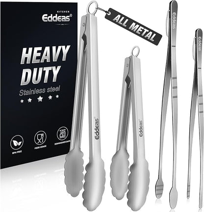 Tongs For Cooking - Heat Resistant 600 Degrees, All Metal Kitchen Tweezers Tongs, Heavy Duty Stainless Steel Cooking for Food, Grill, BBQ, Dishwasher safe Set of 4 (12" &amp; 9in)