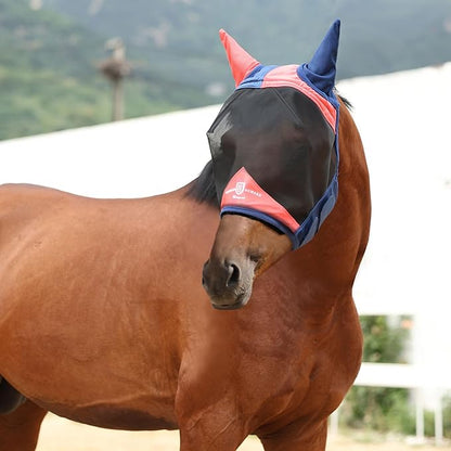 Harrison Howard Pro Luminous Horse Fly Mask Large Eye Space Half Face with Ears UV Protection for Horse Coral Orange/Navy M