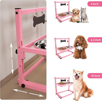 SHAINFUN Elevated Bowls for Small and Medium Dogs, Raised Stand With 2 Stainless Steel Food &amp; Water Bowls, Adjustable Height Feeder for Puppy &amp; Cats, Cute Pink