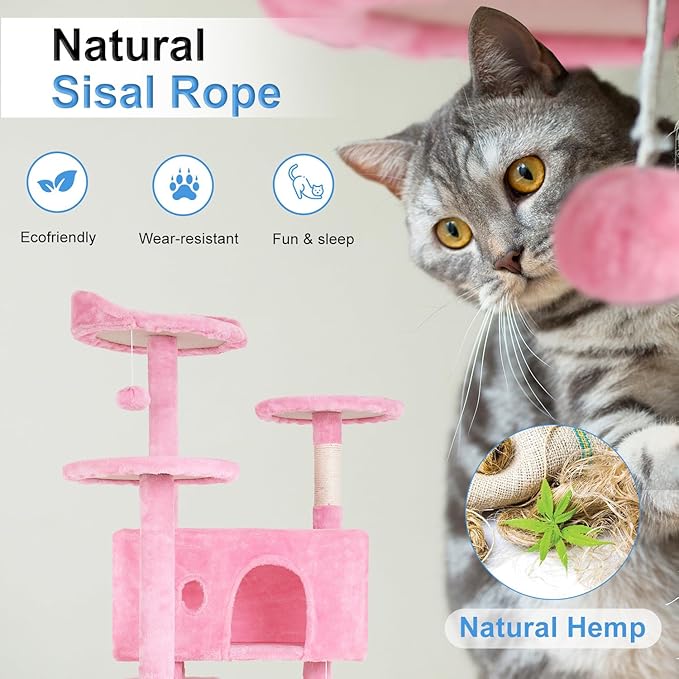 FDW Cat Tree 54in Cat Tower Multi-Level Durable Cat Scratching Post &amp; Cozy Fun Cat Jumping Platform Space Saving Cat Condo Pet Play House for Indoor Cats,Pink