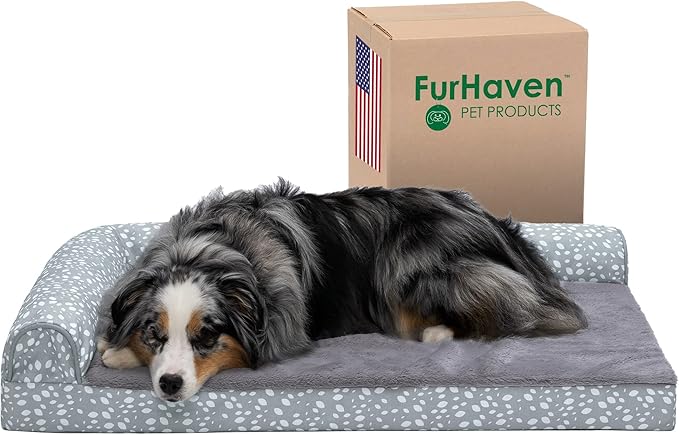 Furhaven Cooling Gel Dog Bed for Large/Medium Dogs w/ Removable Bolsters &amp; Washable Cover, For Dogs Up to 55 lbs - Plush &amp; Almond Print L Shaped Chaise - Gray Almonds, Large