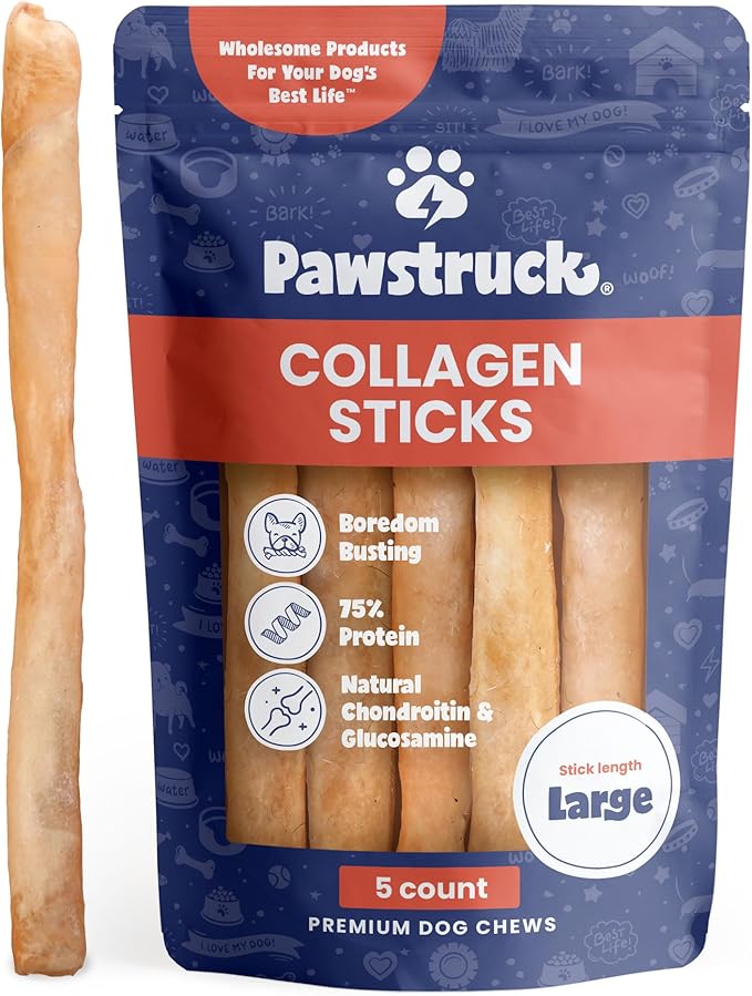 Pawstruck Natural Large 12" Beef Collagen Sticks for Dogs – Long-Lasting Rawhide Alternative, High Protein Treats with Chondroitin &amp; Glucosamine – 5 Pack