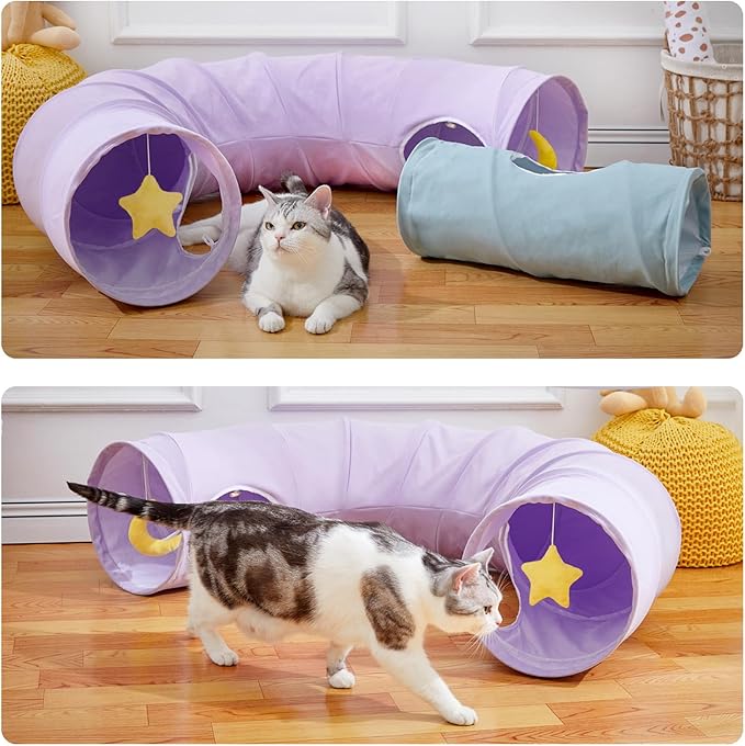 Cat Tunnel, Large Indoor Durable Collapsible Interactive Cat Tube with Peek-A-Boo Hole, Hanging Toys, and Crinkly Paper Lining - Cute Tunnel for Cats, Kittens, Puppies &amp; Rabbits, Purple