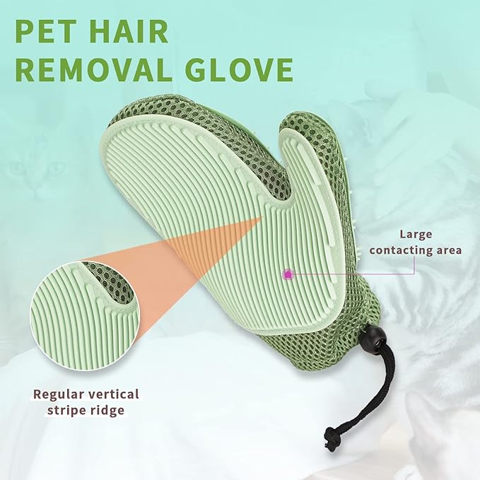 2 in 1 Pet Fur Glove &amp; Cat Hair Remover Glove, Dog Grooming Glove Brush for Shedding, Massage, Efficient Pet Hair Remover Mitt for Couch, Carpet [Green/Single]