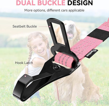 Pawaboo Dog Seatbelt for Car, 3-in-1 Dog Seat Belt Bungee, Shockproof Dogs Tether for Car with Buckle &amp; Hook Latch, Adjustable Reflective Dogs Cars Harness Leash with 360° Lockable Buckle, Pink