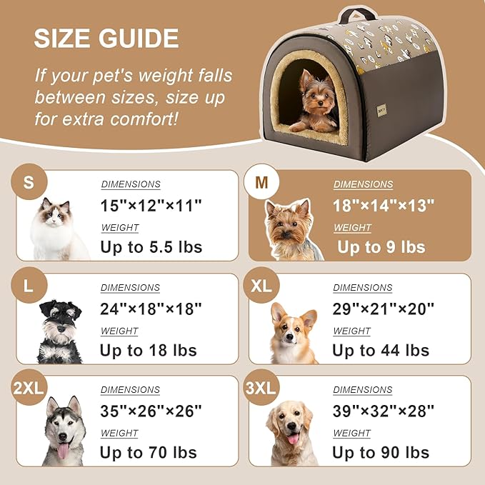 Jiupety Indoor Dog House, 2 in 1 Portable Foldable House Bed with Cover, Pet Tent &amp; Cave Bed for Cats and Small Dogs, M(18"×14"×13"), Up to 9 Lb, Brown