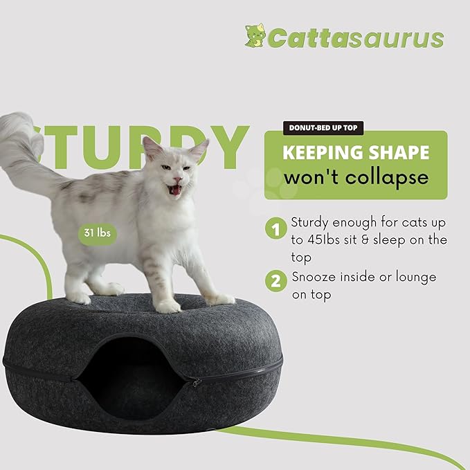 CATTASAURUS Peekaboo Cat Cave for Multiple &amp; Large Cats Up to 30-45 Lbs, Scratch Detachable &amp; Washable Tunnel Bed, Comfy Donut Cat Cave (Dark Gray, Jumbo)