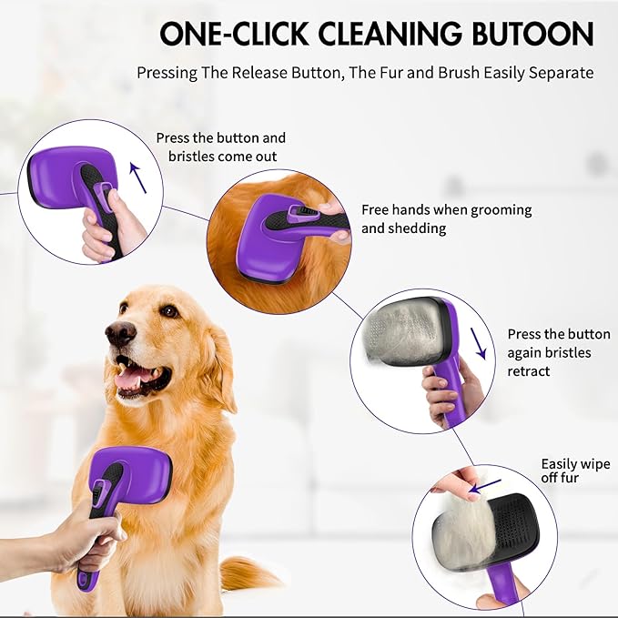 Dog Brush Kit - Self-Cleaning Slicker Brush with Bath Brush &amp; Undercoat Rake | Deshedding Tools for Large - Small Dogs &amp; Cats, Professional 3-in-1 Pet Grooming Set for Heavy Shedding, Purple