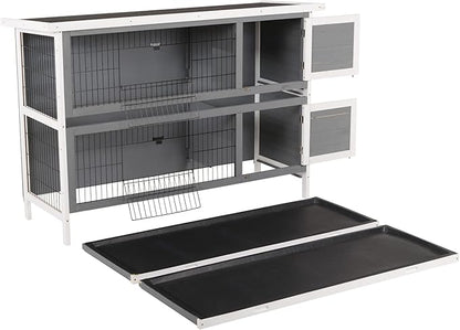 PawHut 54" 2-Story Large Rabbit Hutch Bunny Cage Wooden Pet House Small Animal Habitat with Lockable Doors, No Leak Tray and Waterproof Roof for Outdoor/Indoor Dark Grey
