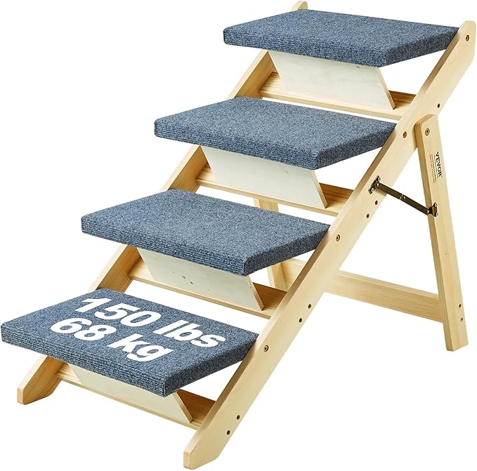 VEVOR Wood Pet Stairs/Pet Steps, 2-in-1 Foldable Wooden Dog Stair for Beds, Sofa and Cars, Dog Stairs &amp; Ramp with 4 Steps for Small Medium Large Pet, up to 150 lbs