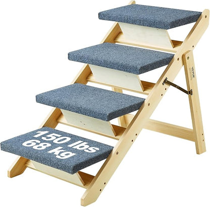 VEVOR Wood Pet Stairs/Pet Steps, 2-in-1 Foldable Wooden Dog Stair for Beds, Sofa and Cars, Dog Stairs &amp; Ramp with 4 Steps for Small Medium Large Pet, up to 150 lbs