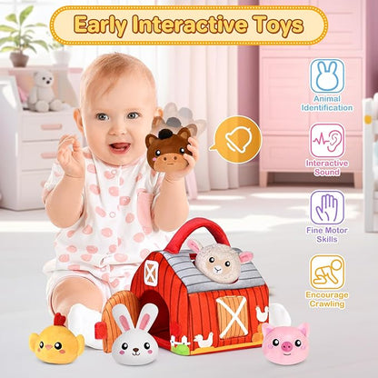 Baby Toys 0-12 Months, Plush Toy Set- 4 Sensory Soft Toys with Crinkle, Rattles for 0-3-6-9-12 Month Newborn Infant, 1st Birthday for Babies Boys Girls Age 1+ (Barn with Farm Animals)