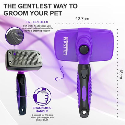Pet Self Cleaning Slicker Brush and Grooming Comb - Gently Removes Loose Hair, Tangles, and Dirt - Skin Friendly Deshedding Grooming Tool for Hair Dogs &amp; Cats - Pet Supplies Accessories (Purple)